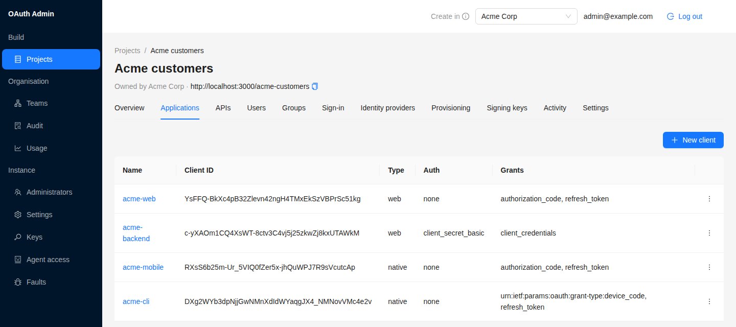 A project's Applications tab in the admin console, showing a public PKCE client and a confidential one.