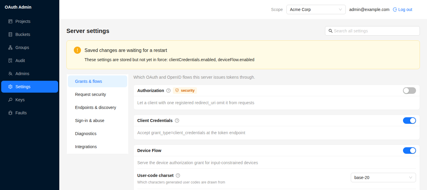 The admin console settings pane showing the grant-type flags and their current values.
