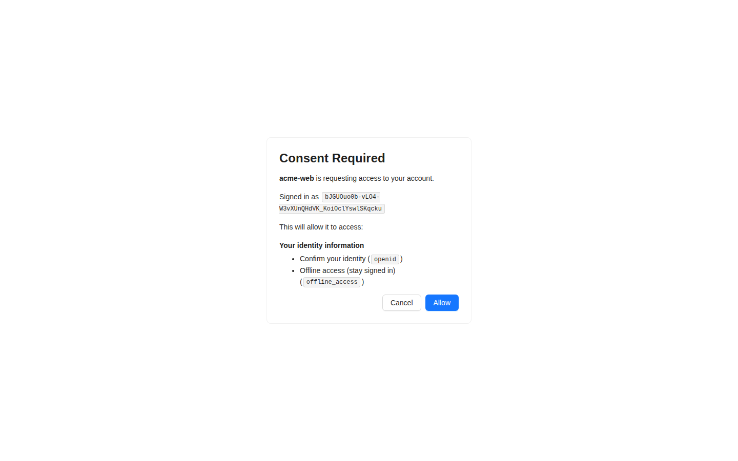 The consent screen naming the client and listing the scopes it is asking for.